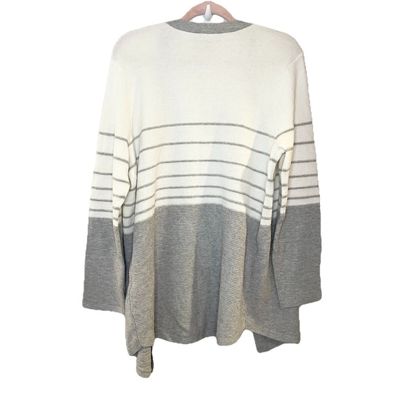 Chicos Womens Striped Open Front Knit Cardigan White Gray Cotton Blend Long 1 M - Picture 2 of 5